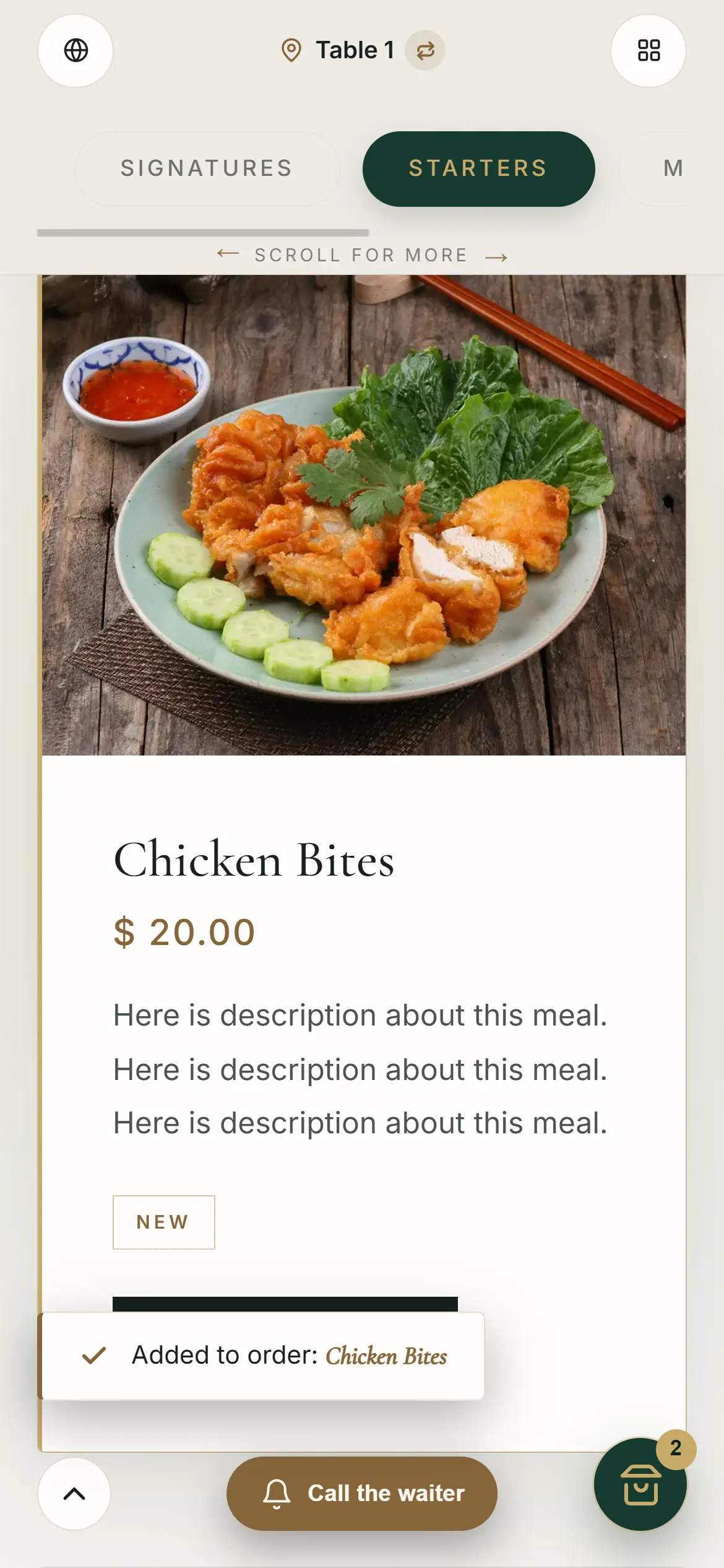 Cart, table ordering and a waiter call button on the menu
